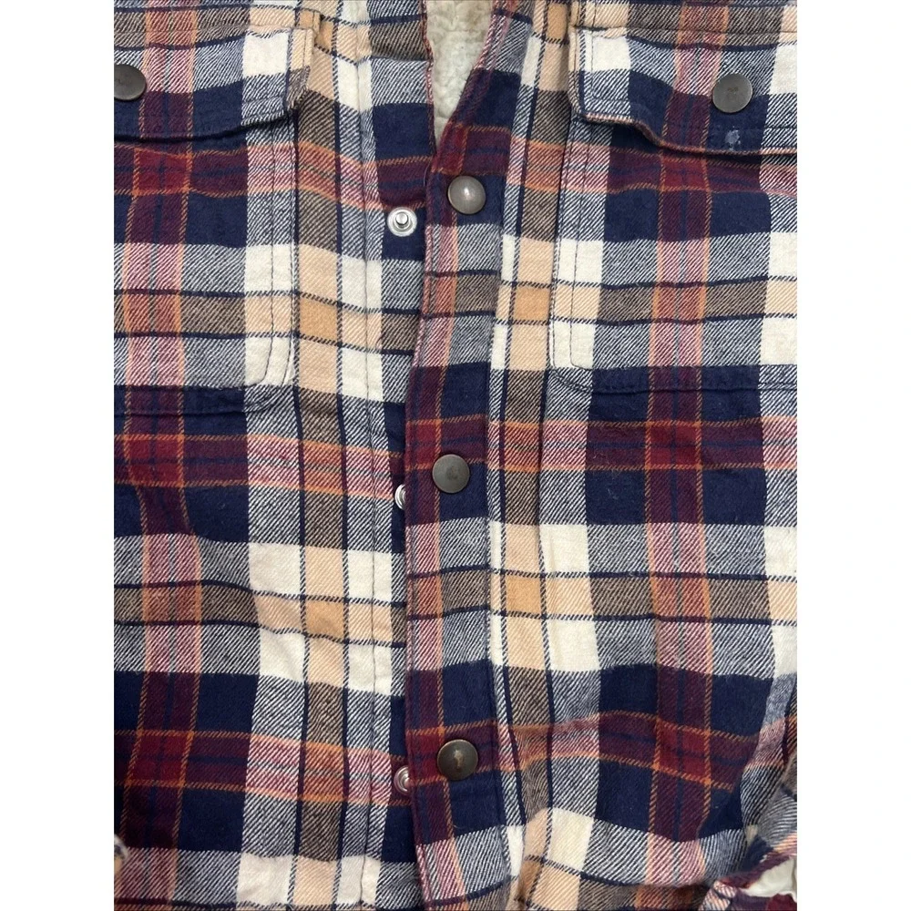 Children's Place Button Up Sherpa Sz XXL 16 Maroon Plaid Pockets Long Sleevewarm